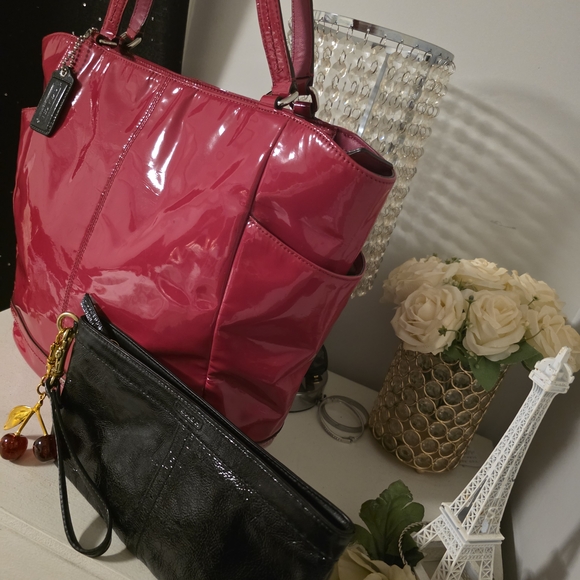 Coach Pink Women's Tote Bag With Black Clutch Pouch And Cherry Charm - Picture 12 of 15